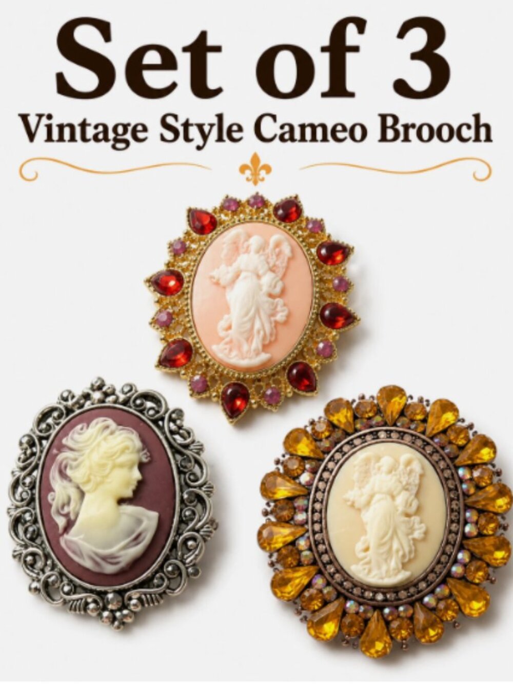 （Set of 3) Oval Orange Vintage Style Angel Lady Cameo Brooch Pendant Charm Pin